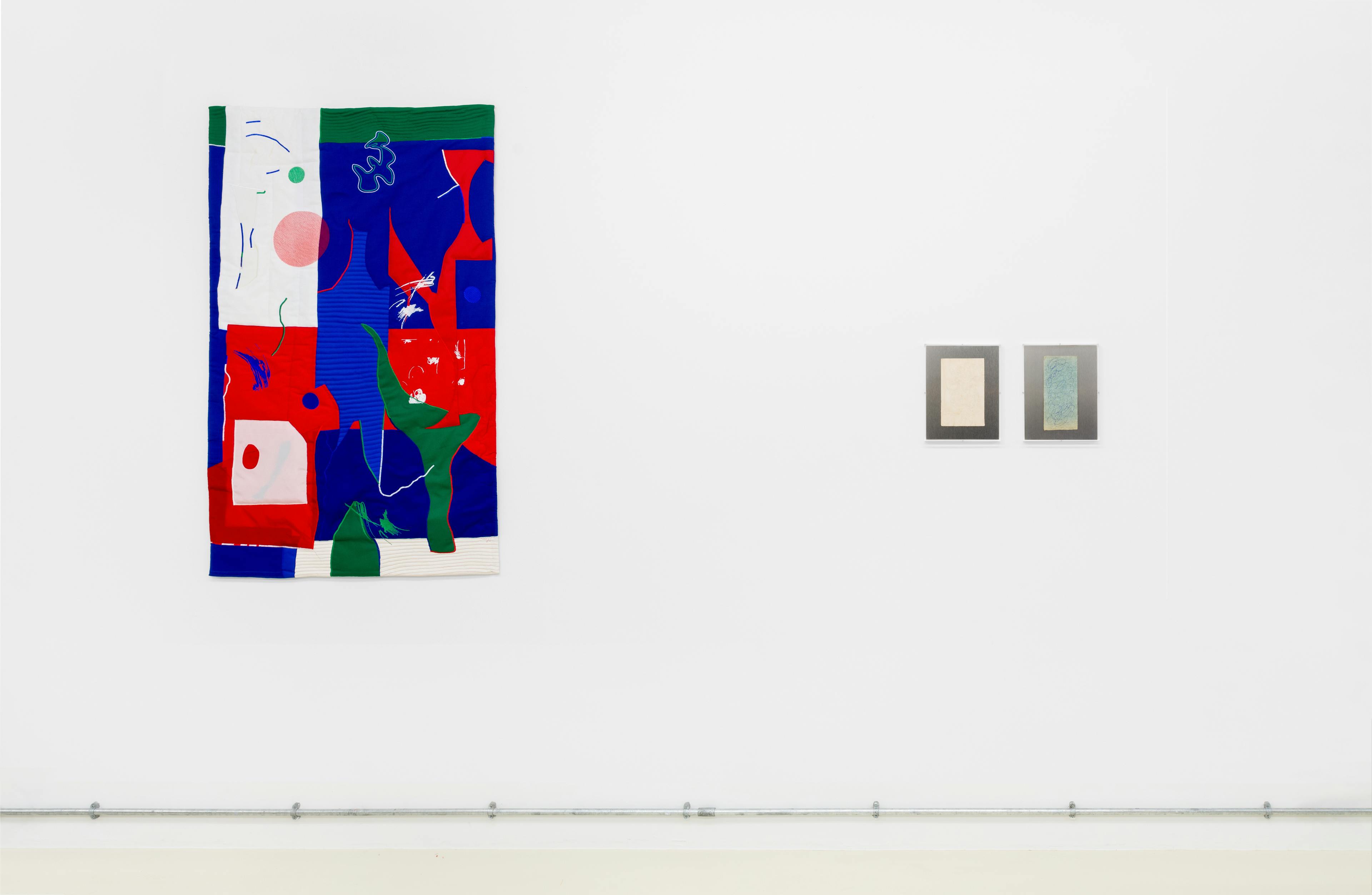 Gabbiano (green, blue, red, white), textile collage, 145x88cm